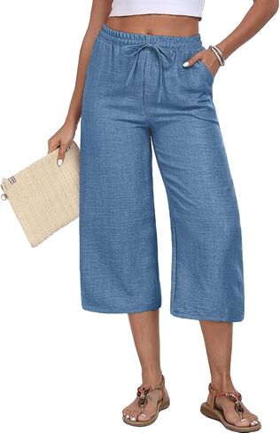 Womens Capri Pants Summer Elastic Waist Casual Business Pants Work Lounge Pants with Pockets in Saudi Arabia