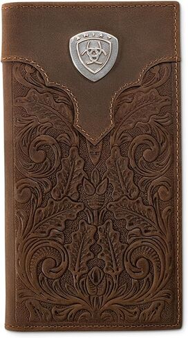 ARIAT Men's Shield Concho Floral Embossed Rodeo Checkbook Wallet, Genuine Leather, 11 Card Slots, 6.75 x 3.75 in, Brown in Kuwait