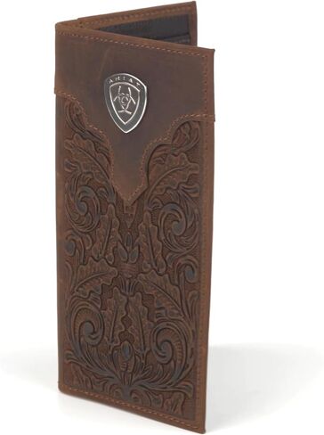 ARIAT Men's Shield Concho Floral Embossed Rodeo Checkbook Wallet, Genuine Leather, 11 Card Slots, 6.75 x 3.75 in, Brown in Kuwait