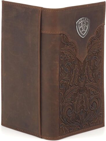 ARIAT Men's Shield Concho Floral Embossed Rodeo Checkbook Wallet, Genuine Leather, 11 Card Slots, 6.75 x 3.75 in, Brown in Kuwait