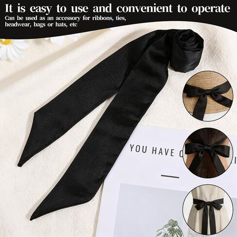 Bow Tie for Women, Self Tie Satin Ribbon Bow Ties, Long Ribbon Scarf Belt Waist Belt Folding Bowties Accessory for Dresses Bridal Wedding Party Uniform Cosplay, Black in Kuwait