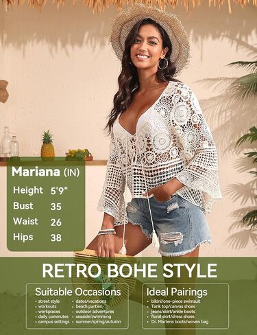HUICHANG Boho Summer Crochet Tops Bell Sleeve Coverups for Bathing Suits Beach Vacation Hollow-Out Mesh Outfits in Kuwait