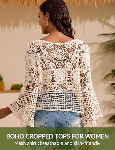 HUICHANG Boho Summer Crochet Tops Bell Sleeve Coverups for Bathing Suits Beach Vacation Hollow-Out Mesh Outfits in Kuwait
