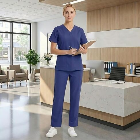 Women's sporty V-neck medical suit, colorfast, soft fabric, comfortable and stylish. (X-Large,Blue-gray) in Kuwait