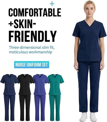 Women's sporty V-neck medical suit, colorfast, soft fabric, comfortable and stylish. (X-Large,Blue-gray) in Kuwait