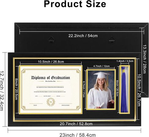 FramePro 11x22 Diploma Picture Frame with Tassel Holder for 8.5x11 Document/Certificate & 5x7 Photo, Black Graduation Frame with Real Glass in Saudi Arabia