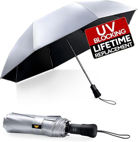 UPF 50+ UV Umbrella for Sun Protection, 42/46 Inch Silver Compact Travel Umbrella Windproof, Under 0.9 Pound Folding with Auto Open Close Portable UV Blocking in Saudi Arabia