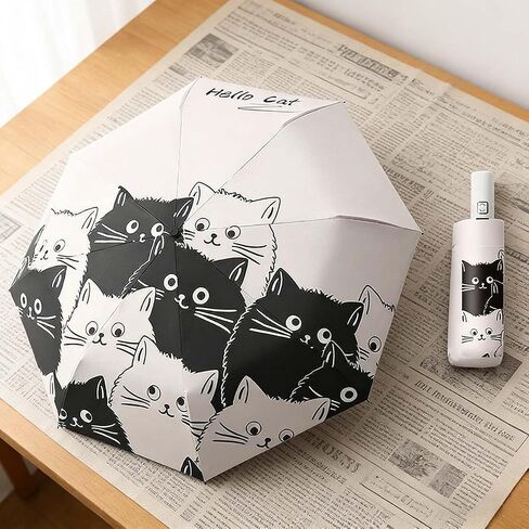 Cute Cat Pattern Automatic Folding Umbrella,One-Touch Open,Black Coating Anti-UV,Compact and Lightweight,Ideal for Men and Women in Kuwait
