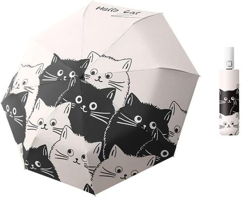 Cute Cat Pattern Automatic Folding Umbrella,One-Touch Open,Black Coating Anti-UV,Compact and Lightweight,Ideal for Men and Women in Kuwait