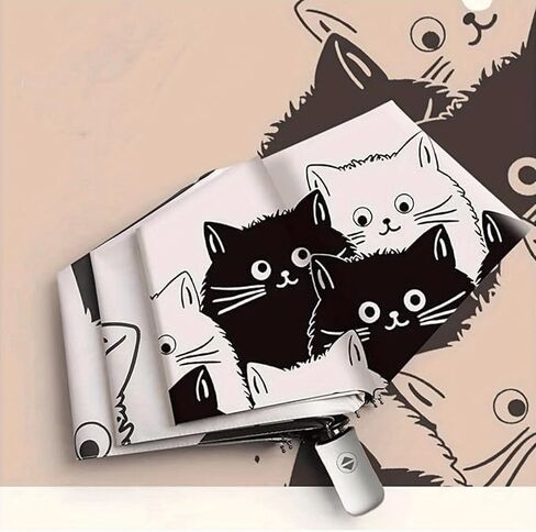 Cute Cat Pattern Automatic Folding Umbrella,One-Touch Open,Black Coating Anti-UV,Compact and Lightweight,Ideal for Men and Women in Kuwait