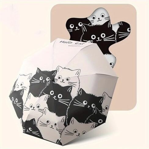 Cute Cat Pattern Automatic Folding Umbrella,One-Touch Open,Black Coating Anti-UV,Compact and Lightweight,Ideal for Men and Women in Kuwait