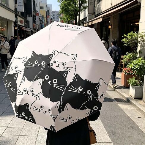 Cute Cat Pattern Automatic Folding Umbrella,One-Touch Open,Black Coating Anti-UV,Compact and Lightweight,Ideal for Men and Women in Kuwait