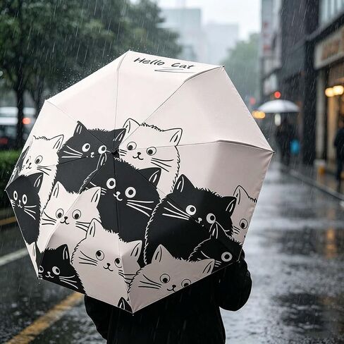 Cute Cat Pattern Automatic Folding Umbrella,One-Touch Open,Black Coating Anti-UV,Compact and Lightweight,Ideal for Men and Women in Kuwait