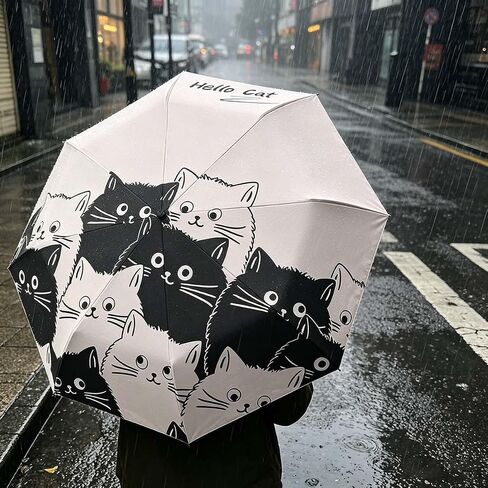 Cute Cat Pattern Automatic Folding Umbrella,One-Touch Open,Black Coating Anti-UV,Compact and Lightweight,Ideal for Men and Women in Kuwait