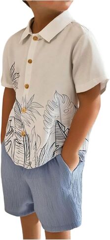 RoseSeek Boy's 2 Piece Sets Graphic Collared Button Down Tops and Wide Leg Shorts Summer Vacation Outfits in Kuwait