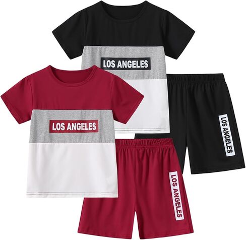 4 Piece Boys Outfits Crew Neck Short Sleeve Shirts Tops and Elastic Waist Shorts with Letter Print Summer Clothes in Saudi Arabia