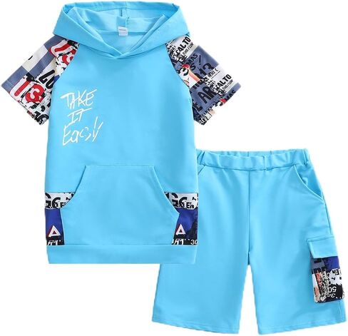 Boys 2-Piece Hoodie & Shorts Set (8-14) - Graphic Print Casual Summer Tween Outfit for Kids in Saudi Arabia