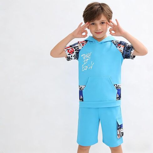 Boys 2-Piece Hoodie & Shorts Set (8-14) - Graphic Print Casual Summer Tween Outfit for Kids in Saudi Arabia