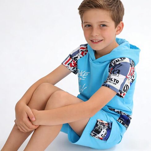 Boys 2-Piece Hoodie & Shorts Set (8-14) - Graphic Print Casual Summer Tween Outfit for Kids in Saudi Arabia