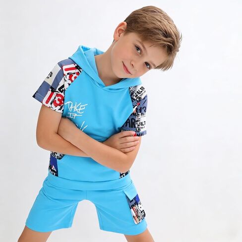 Boys 2-Piece Hoodie & Shorts Set (8-14) - Graphic Print Casual Summer Tween Outfit for Kids in Saudi Arabia