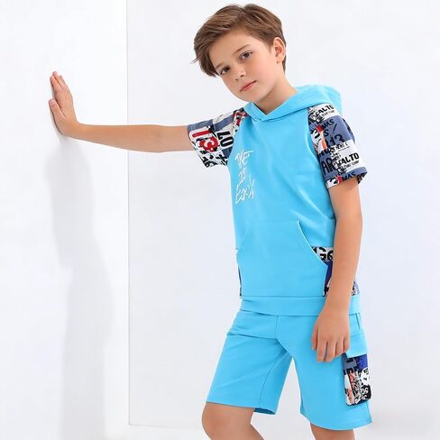 Boys 2-Piece Hoodie & Shorts Set (8-14) - Graphic Print Casual Summer Tween Outfit for Kids in Saudi Arabia