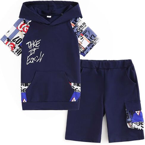 Boys 2-Piece Hoodie & Shorts Set (8-14) - Graphic Print Casual Summer Tween Outfit for Kids in Saudi Arabia
