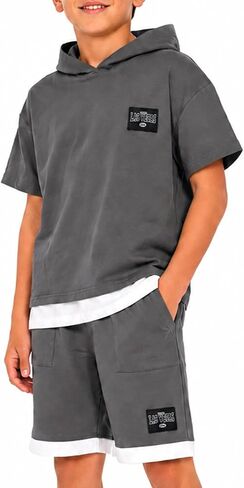 Boys 2 Piece Summer Outfit, Short Sleeve Hoodie and Shorts Set, Big Boys Casual Clothes for School Camp Ages 7-14 in Kuwait