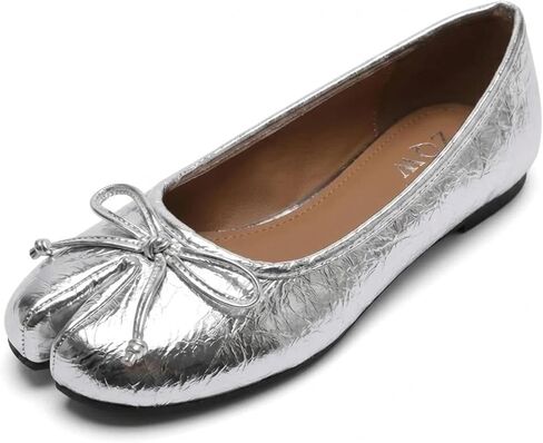 ZQW Women’s Tabi Shoes Split Toe Wide Width Ballet Flats Bow Decor Wrinkled Metallic Lightweight Comfortable Dressy Casual Daily Walking Shoes in Saudi Arabia