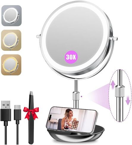 Auxmir 9" Large Lighted Makeup Mirror with Magnification, 1X/30X Double Sided Magnifying Mirror with Adjustable Height, Rechargeable Vanity Mirror with 3 Color Dimmable Lights, 360° Rotation in Saudi Arabia
