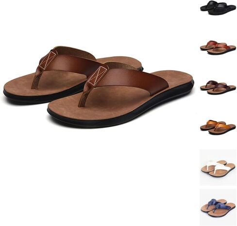 Leather Flip Flops for Men with Arch Support, Comfortable Anti-Slip Thong Sandals for Beach Indoor Outdoor Extra Plus Size Large Size Big Sizes in Kuwait