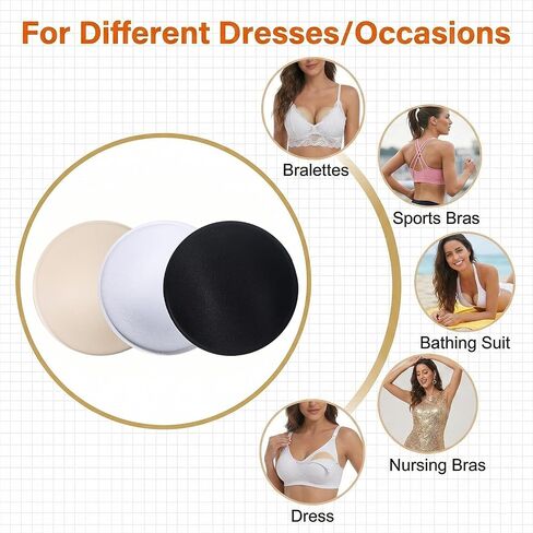 3 Pairs Round Bra Pads Inserts, Soft Bra Inserts Pads, Removable Sports Bras Pad Insert for Women, Replacement Bras Cups for Bikini Top Swimsuit Sport in Saudi Arabia
