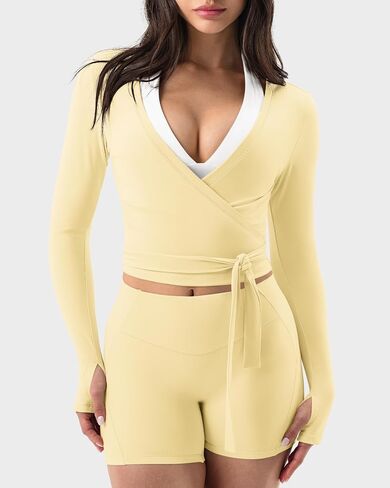 GYM RAINBOW Womens Pilates Wrap Top Long Sleeve Workout Shirts Tie Front Cropped Shrugs Bolero Yoga Clothes with Thumbholes in Saudi Arabia