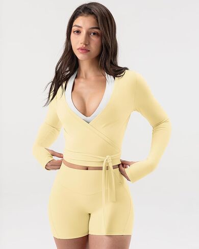 GYM RAINBOW Womens Pilates Wrap Top Long Sleeve Workout Shirts Tie Front Cropped Shrugs Bolero Yoga Clothes with Thumbholes in Saudi Arabia