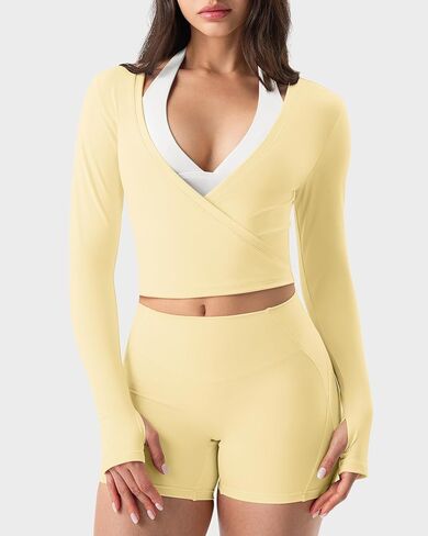 GYM RAINBOW Womens Pilates Wrap Top Long Sleeve Workout Shirts Tie Front Cropped Shrugs Bolero Yoga Clothes with Thumbholes in Saudi Arabia