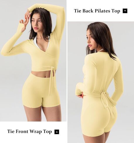 GYM RAINBOW Womens Pilates Wrap Top Long Sleeve Workout Shirts Tie Front Cropped Shrugs Bolero Yoga Clothes with Thumbholes in Saudi Arabia
