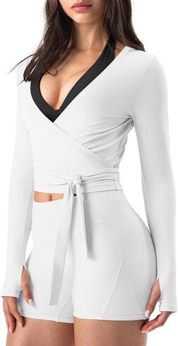 GYM RAINBOW Womens Pilates Wrap Top Long Sleeve Workout Shirts Tie Front Cropped Shrugs Bolero Yoga Clothes with Thumbholes in Saudi Arabia