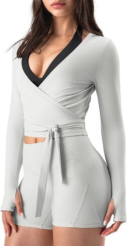 GYM RAINBOW Womens Pilates Wrap Top Long Sleeve Workout Shirts Tie Front Cropped Shrugs Bolero Yoga Clothes with Thumbholes in Saudi Arabia