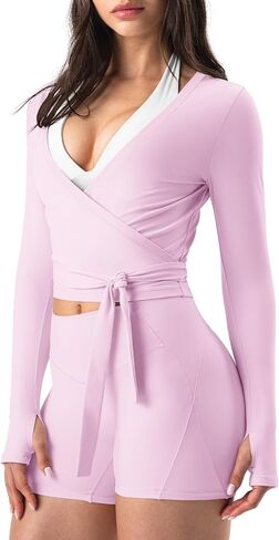 GYM RAINBOW Womens Pilates Wrap Top Long Sleeve Workout Shirts Tie Front Cropped Shrugs Bolero Yoga Clothes with Thumbholes in Saudi Arabia