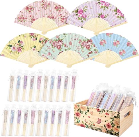 Aodaer 50 Pack Tea Party Favor Floral Printed Hand Fans with Organza Bags Bulk Wooden Storage Box Retro Pattern Paper Handheld Folding Fans for Spring Picnic Bridal Shower Wedding Bridesmaid Gifts in Kuwait