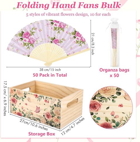 Aodaer 50 Pack Tea Party Favor Floral Printed Hand Fans with Organza Bags Bulk Wooden Storage Box Retro Pattern Paper Handheld Folding Fans for Spring Picnic Bridal Shower Wedding Bridesmaid Gifts in Kuwait