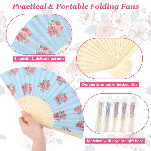 Aodaer 50 Pack Tea Party Favor Floral Printed Hand Fans with Organza Bags Bulk Wooden Storage Box Retro Pattern Paper Handheld Folding Fans for Spring Picnic Bridal Shower Wedding Bridesmaid Gifts in Kuwait
