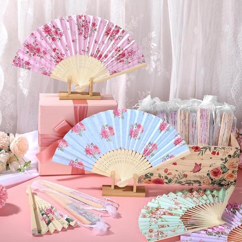 Aodaer 50 Pack Tea Party Favor Floral Printed Hand Fans with Organza Bags Bulk Wooden Storage Box Retro Pattern Paper Handheld Folding Fans for Spring Picnic Bridal Shower Wedding Bridesmaid Gifts in Kuwait