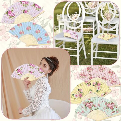 Aodaer 50 Pack Tea Party Favor Floral Printed Hand Fans with Organza Bags Bulk Wooden Storage Box Retro Pattern Paper Handheld Folding Fans for Spring Picnic Bridal Shower Wedding Bridesmaid Gifts in Kuwait