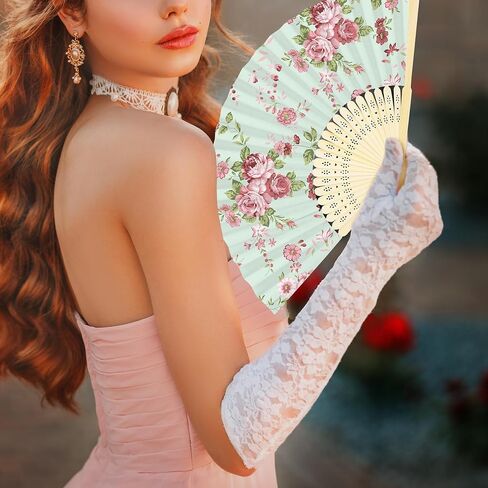 Aodaer 50 Pack Tea Party Favor Floral Printed Hand Fans with Organza Bags Bulk Wooden Storage Box Retro Pattern Paper Handheld Folding Fans for Spring Picnic Bridal Shower Wedding Bridesmaid Gifts in Kuwait