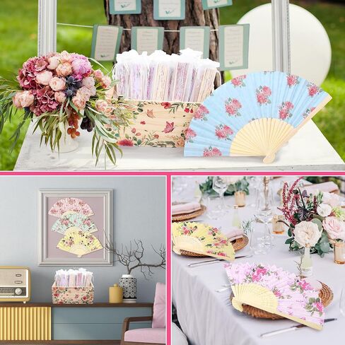 Aodaer 50 Pack Tea Party Favor Floral Printed Hand Fans with Organza Bags Bulk Wooden Storage Box Retro Pattern Paper Handheld Folding Fans for Spring Picnic Bridal Shower Wedding Bridesmaid Gifts in Kuwait
