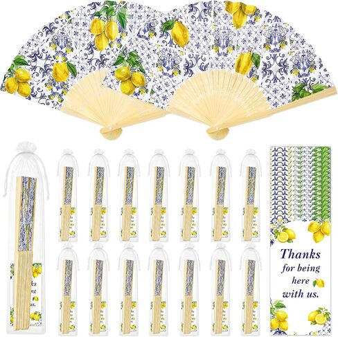 15Pcs Lemon Paper Fans with Bags and Cards Folding Handheld Fans Wedding Favors for Guests Mediterranean Bridal Shower Decor in Saudi Arabia