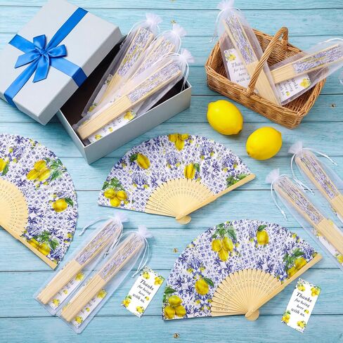 15Pcs Lemon Paper Fans with Bags and Cards Folding Handheld Fans Wedding Favors for Guests Mediterranean Bridal Shower Decor in Saudi Arabia