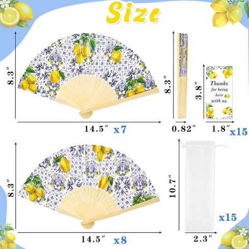 15Pcs Lemon Paper Fans with Bags and Cards Folding Handheld Fans Wedding Favors for Guests Mediterranean Bridal Shower Decor in Saudi Arabia