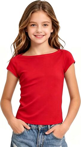 Short Sleeve T-Shirts for Girls Boat-Neck Shirts Slim Fit Summer Tops Clothes Basic Tee Size 7-14 Years in Kuwait