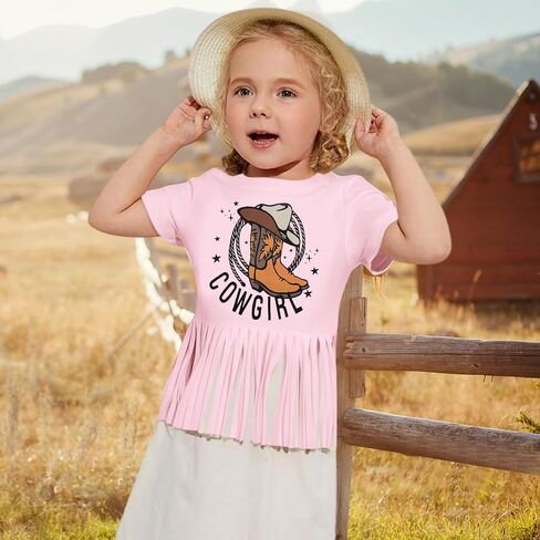 Girls Western Shirt Cowgirl Boots Hat Shirt Country T Shirt Long Live Shirts Horseback Rider Tassel Fringe Tee Tops in Kuwait